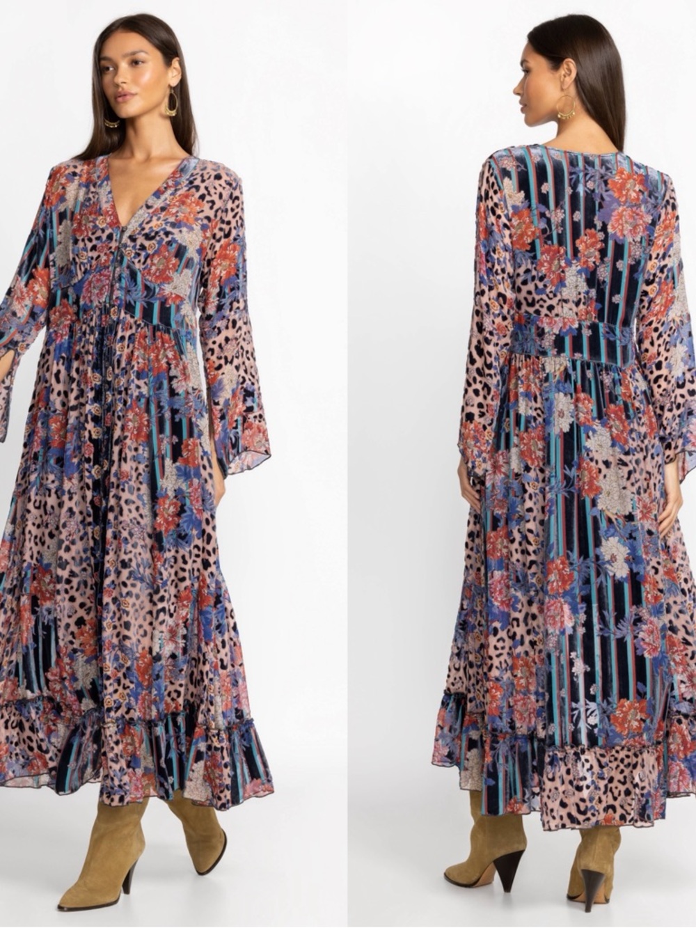 Johnny Was Ontar Beesley Floral Animal Print Velvet V-Neck Dress Size XXS
